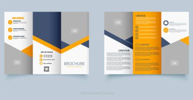 Turuncu, gri ve siyah renkli geometrik desenli modern üç katlı broşür. Şirket hizmetleri, iş sunumları veya bilişim şirketi pazarlama materyalleri için ideal.