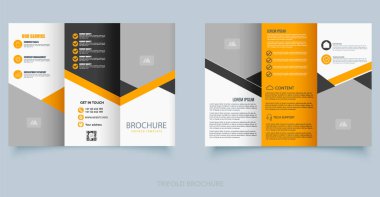 Turuncu, gri ve siyah renkli geometrik desenli modern üç katlı broşür. Şirket hizmetleri, iş sunumları veya bilişim şirketi pazarlama materyalleri için ideal.
