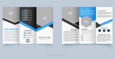Mavi ve siyah renkli geometrik tasarımlı modern üç katlı broşür. Şirket hizmetleri, iş sunumları veya bilişim şirketi pazarlama materyalleri için ideal.
