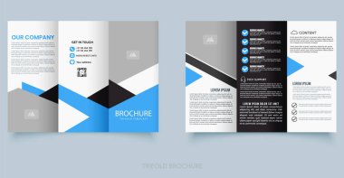 Mavi ve siyah renkli geometrik tasarımlı modern üç katlı broşür. Şirket hizmetleri, iş sunumları veya bilişim şirketi pazarlama materyalleri için ideal.