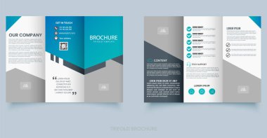 Kurumsal İş Üçlü Broşür Şablon Tasarımı. Simgeler, kişi bölümü ve servis renklendirmeleri ile temiz düzen.