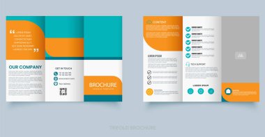Cesur turuncu ve mavi renkli blokların yer aldığı temiz ve profesyonel üç katlı bir broşür. Şirket, iş ve pazarlama materyalleri için ideal.