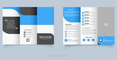 Geometrik minimalist şekilli mavi ve siyah üç katlı broşür. İş ve bilişim şirketleri için uygun.