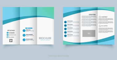Soyut mavi dalga dizaynlı profesyonel ve temiz üç katlı broşür. Ticari promosyon, hizmet ve şirket profilleri için ideal. Metin ve simgeler için yer tutucuları içer.