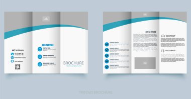 Soyut mavi dalga dizaynlı profesyonel ve temiz üç katlı broşür. Ticari promosyon, hizmet ve şirket profilleri için ideal. Metin ve simgeler için yer tutucuları içer.