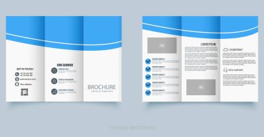 Soyut mavi dalga dizaynlı profesyonel ve temiz üç katlı broşür. Ticari promosyon, hizmet ve şirket profilleri için ideal. Metin ve simgeler için yer tutucuları içer.