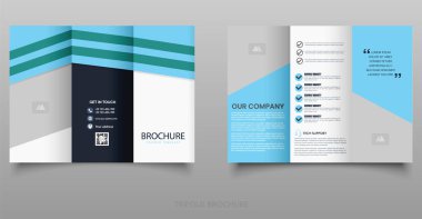 Mavi Aksanlı Şirket Üçlü Broşürü. İş ve kurumsal kullanım için tasarlanmış temiz ve modern üç katlı broşür. Mavi ve gri renk şeması