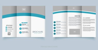 Soyut mavi dalga dizaynlı profesyonel ve temiz üç katlı broşür. Ticari promosyon, hizmet ve şirket profilleri için ideal. Metin ve simgeler için yer tutucuları içer.