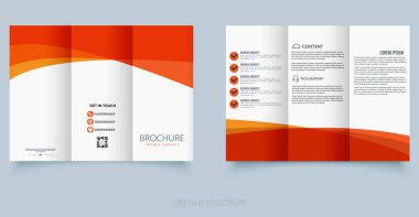 Şeffaf turuncu üçgenli üç katlı broşür. vektör dosyası. Temiz düzen, düzenlenebilir içerik ve pazarlama için ideal profesyonel tarz