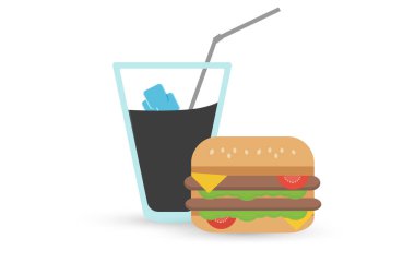 Minimalist düz çizburger çizimi, marul, domates ve kola bardağı içinde buz ve pipetle. Fast food markaları, restoran menüleri ve yemek teslimat uygulamaları için mükemmel..