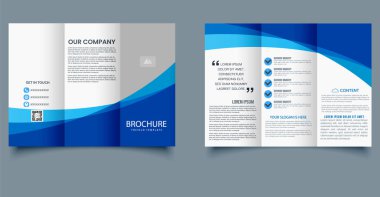 Üç katlı dalga broşürü. Mavi ve beyaz broşür. Tasarım ve baskı için. Şirket ve özel iş broşürü.