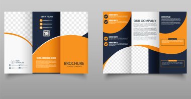 Profesyonel üç katlı broşür, temiz bir düzen, eğri büğrü tasarım elemanları ve resimler için yer tutucular. Şirket, iş, pazarlama veya hizmet tanıtımı için uygun.