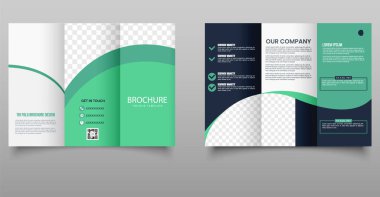 Yeşil ve koyu mavi renk şemalarının yer aldığı, temiz ve modern bir tasarıma sahip profesyonel üç katlı broşür. İş sunumları, şirket profilleri veya pazarlama materyalleri için ideal.