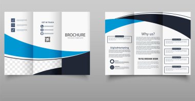 Kurumsal pazarlama, dijital hizmetler veya iş promosyonları için ideal modern mavi üç katlı broşür. Özellikler bilgi ögeleri ve düzenlenebilir bölümler.