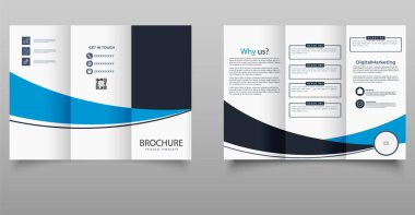 Kurumsal pazarlama, dijital hizmetler veya iş promosyonları için ideal modern mavi üç katlı broşür. Özellikler bilgi ögeleri ve düzenlenebilir bölümler.