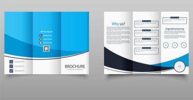 Kurumsal pazarlama, dijital hizmetler veya iş promosyonları için ideal modern mavi üç katlı broşür. Özellikler bilgi ögeleri ve düzenlenebilir bölümler.