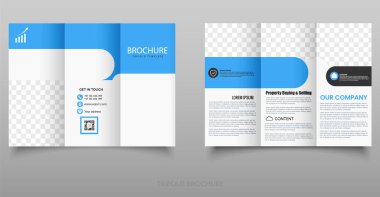 Profesyonel bir şirket broşürünün vektör şablonu. Mavi, gri ve beyaz unsurları, görüntü ve QR kodları, iletişim bilgileri ve iş içeriği blokları için yer tutucuları olan temiz ve modern bir yerleşim yeri. Vektör