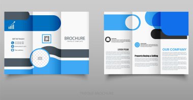 Profesyonel bir şirket broşürünün vektör şablonu. Mavi, gri ve beyaz unsurları, görüntü ve QR kodları, iletişim bilgileri ve iş içeriği blokları için yer tutucuları olan temiz ve modern bir yerleşim yeri. Vektör