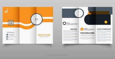 Profesyonel bir şirket broşürünün vektör şablonu. Mavi, gri ve beyaz unsurları, görüntü ve QR kodları, iletişim bilgileri ve iş içeriği blokları için yer tutucuları olan temiz ve modern bir yerleşim yeri. Vektör