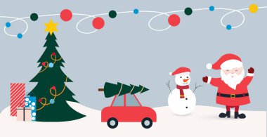 Noel Baba, bir kardan adam, hediyeli süslü bir Noel ağacı, ağaç taşıyan kırmızı bir araba ve karlı arka planda renkli festival ışıklarının yer aldığı neşeli düz vektör çizimi.