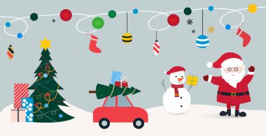 Noel Baba, hediye taşıyan bir kardan adam, hediyeli bir Noel ağacı, Noel ağacı ve hediyeler taşıyan kırmızı bir araba ve Noel süsleri ve çorapları asılı bir Noel Baba 'nın renkli düz vektör çizimi.