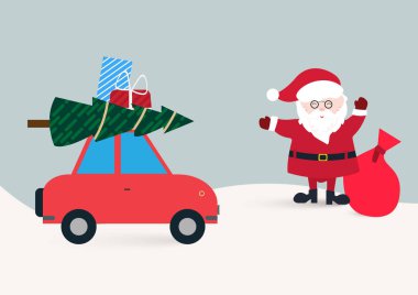 Noel Baba 'nın Noel ağacı ve hediyeler taşıyan kırmızı bir arabanın yanında el sallayan hediye torbasıyla temsili bir resmi. Düz stil tatil tasarımı mevsimlik kartlar, web afişleri, posterler ve şenlikli reklamlar için mükemmeldir..