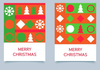 Geometrik şekiller, kar taneleri, ağaçlar ve şenlikli kırmızı, yeşil ve beyaz renklerden oluşan parlak ve renkli Noel kartı..