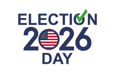 2026 ABD Seçim Günü için düz vektör illüstrasyonu, cesur tipografi, yıl tasarımına entegre Amerikan bayrağı ve oylamayı sembolize eden yeşil bir onay işareti.
