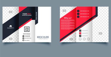 Kırmızı, siyah ve beyaz renkli geometrik şekilli modern bir üç katlı broşürün vektör çizimi