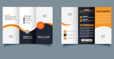 Modern Kurumsal Üçlü Broşür Turuncu ve Siyah Tasarımlı Şablon. Şirket, şirket profili veya pazarlama sunumları için mükemmel..