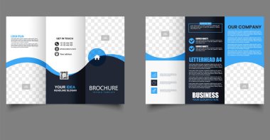 Soyut mavi dalga elemanları, temiz yerleşim planı ve iş bilgileri için düzenlenebilir yer tutucular içeren üç katlı modern vektör broşürü.