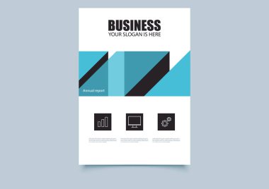 Modern vektör işleri yıllık raporu kapak tasarımı geometrik şekilli mavi ve siyah renkli. Bilgi simgeleri ve temiz tipografi içeren minimalist yerleşim