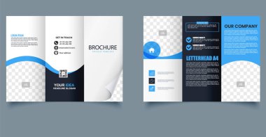 Profesyonel vektör üç katlı broşür, temiz modern tasarım, mavi dalga unsurları, iş düzeni ve düzenlenebilir bölümler. Katlanmış Köşe Şablonu. Şirket tanıtımı, pazarlama materyalleri, kurumsal sunumlar, reklamlar için mükemmel..