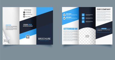 Kalın geometrik şekilli üç katlı broşür, modern mavi ve koyu renk şeması, temiz yerleşim ve düzenlenebilir bölümler. Yazdırma ve dijital kullanıma uygun.