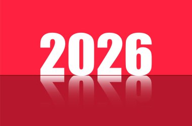 2026 yazımının parlak kırmızı arka planda parlak bir yansıması olan koyu beyaz tarzda yaratıcı vektör illüstrasyonu. Bayram tebrik kartları, mevsimlik afişler, parti davetiyeleri için ideal..
