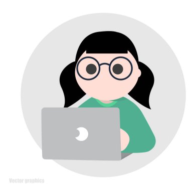 Dizüstü bilgisayar kullanan, gözlüklü, gülümseyen bir kızın vektör çizimi. Çevrimiçi öğrenim, eğitim, evde eğitim, serbest çalışma ve dijital yaşam tarzı kavramı.