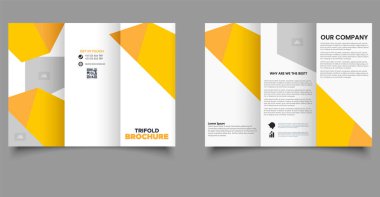 Sarı geometrik elementlerle üç katlı broşür. Markanızın reklamını yapmak için uygun. Web ve yazdırma kullanımı için.