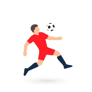 Kırmızı üniformalı bir futbolcunun havada topa vuruşunun düz vektör çizimi. Minimalist spor tasarımı beyaz arkaplanda izole edildi