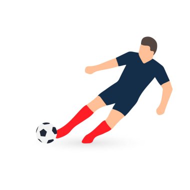 Kırmızı üniformalı bir futbolcunun havada topa vuruşunun düz vektör çizimi. Minimalist spor tasarımı beyaz arkaplanda izole edildi