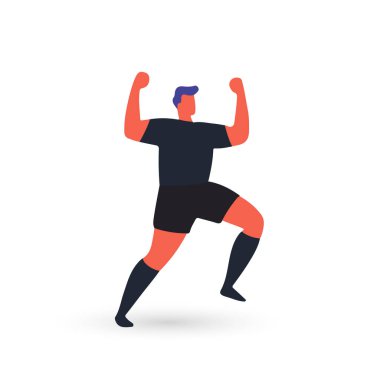 Bir futbolcunun gol attıktan sonra kutlama yaptığı düz vektör çizimi. Kollarını kaldırmış dinamik duruş ve etkileyici hareket, sporla ilgili tasarımlar, reklamlar, posterler, eşleşen promosyonlar, fan ürünleri veya sosyal medya grafiği için mükemmel.