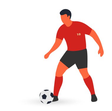 Kırmızı üniformalı bir futbolcunun düz vektör çizimi. 10 numara top sürüyor. Minimalist spor tasarımı, beyaz arka planda izole edilmiş.