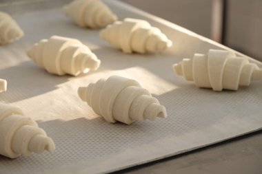 Taze şekilli kruvasanlar, altın fırınlarıyla birlikte gelen lezzetli aromaları ima ederek, güneşli bir fırında, bir fırın tepsisinin üzerinde dinleniyorlar.