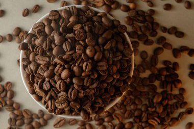 Seramik kasede yığılmış taze kavrulmuş kahve çekirdeğinin zengin aroması.