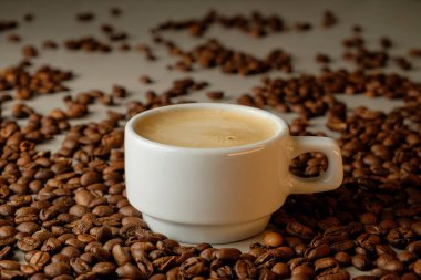 Sıcak bir ortamda aromatik kahve çekirdeklerinin arasına yerleştirilmiş zengin espresso.