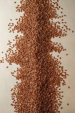 Pürüzsüz bir yüzeye dökülen organik kahverengi pirincin büyüleyici görüntüsü.