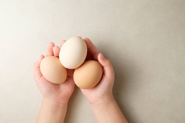 Soft hands cradle three different eggs, showcasing their natural colors and textures. The scene captures the essence of freshness and the joy of cooking, reminiscent of homemade meals.