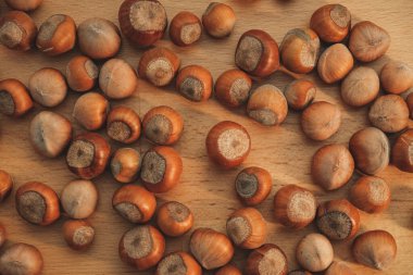 The warm light highlights a collection of hazelnuts resting on a wooden table. Their rich brown shells showcase a natural, earthy beauty, inviting the viewer to appreciate natures bounty