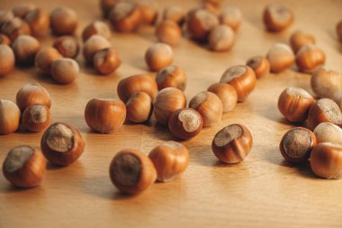 Bir fındık koleksiyonu ahşap bir masaya yayılır. Sıcak öğleden sonra güneşi, yumuşak, kahverengi kabuklarını nazikçe vurguluyor ve hoş ve davetkar bir sahne yaratıyor. Doğanın cömertliği parlar.