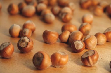 Dağılmış fındıklar, yumuşak ahşap bir yüzeye karşı zengin ve sıcak tonlarını sergiler. Fındıklar değişik şekil ve boyutlarda, doğal güzelliklerine ve dokularına daha yakından bakmaya davet ediyorlar..