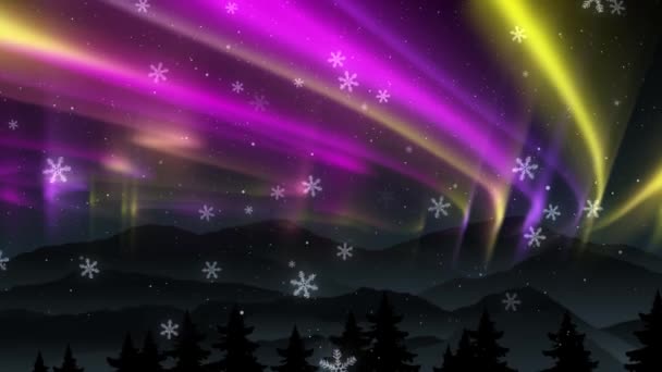 Aurora Φως Νύχτα Ουρανό Αστέρια Και Χιόνι — Αρχείο Βίντεο